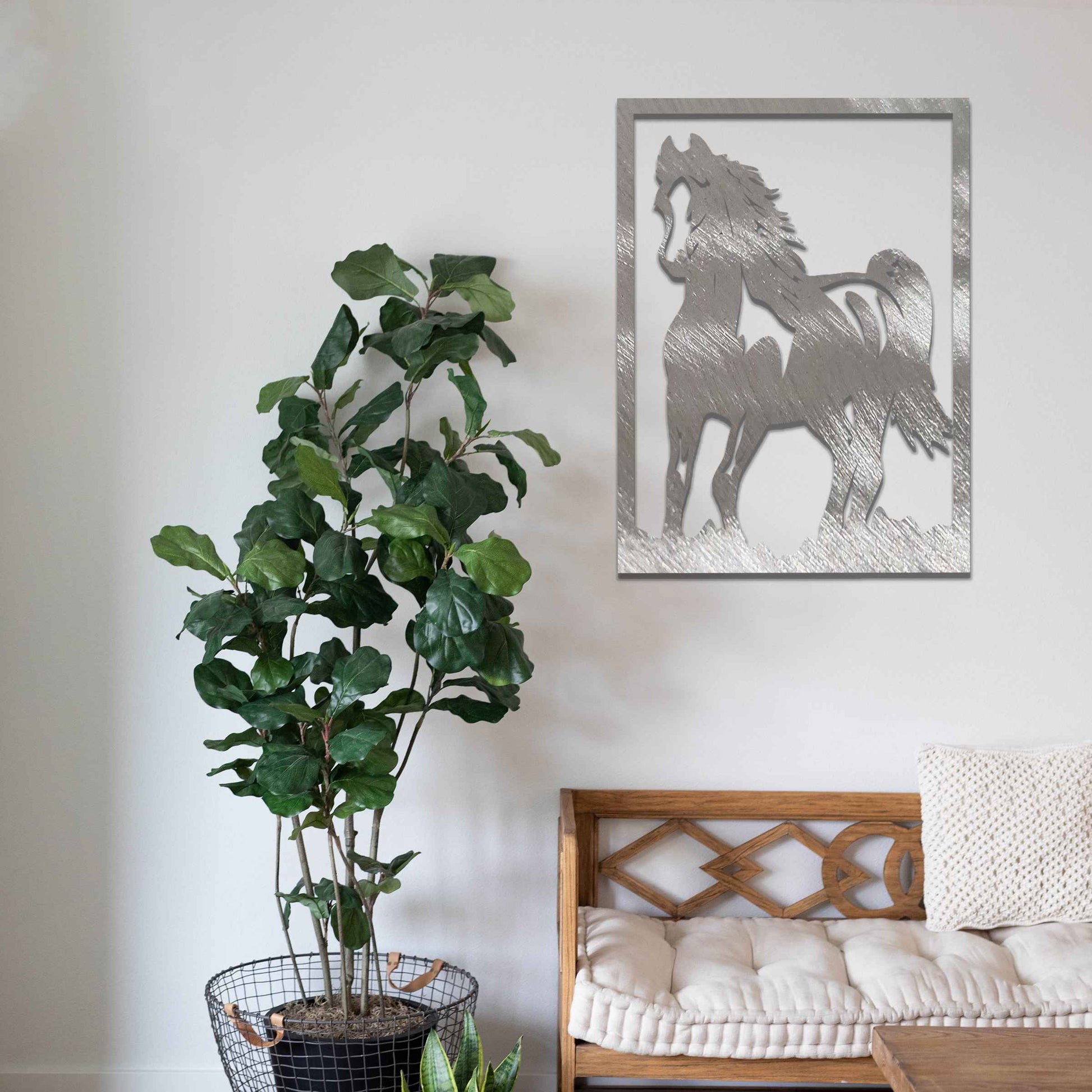 The design features a dynamic and powerful horse captured mid-motion, showcasing the fluidity of its galloping form. The artwork is framed, highlighting the horse’s graceful yet strong silhouette.