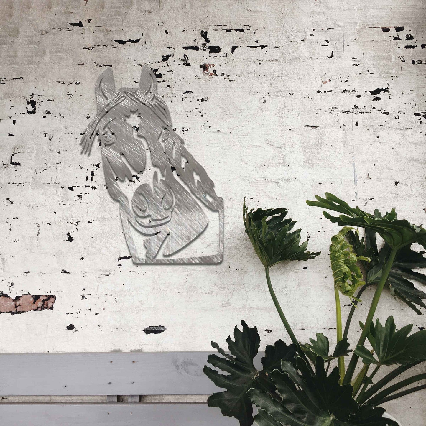 The artwork features a horse’s head in profile, showcasing the detailed features and the horse's gentle expression. The lines emphasize the flowing mane and strong facial structure of the animal.