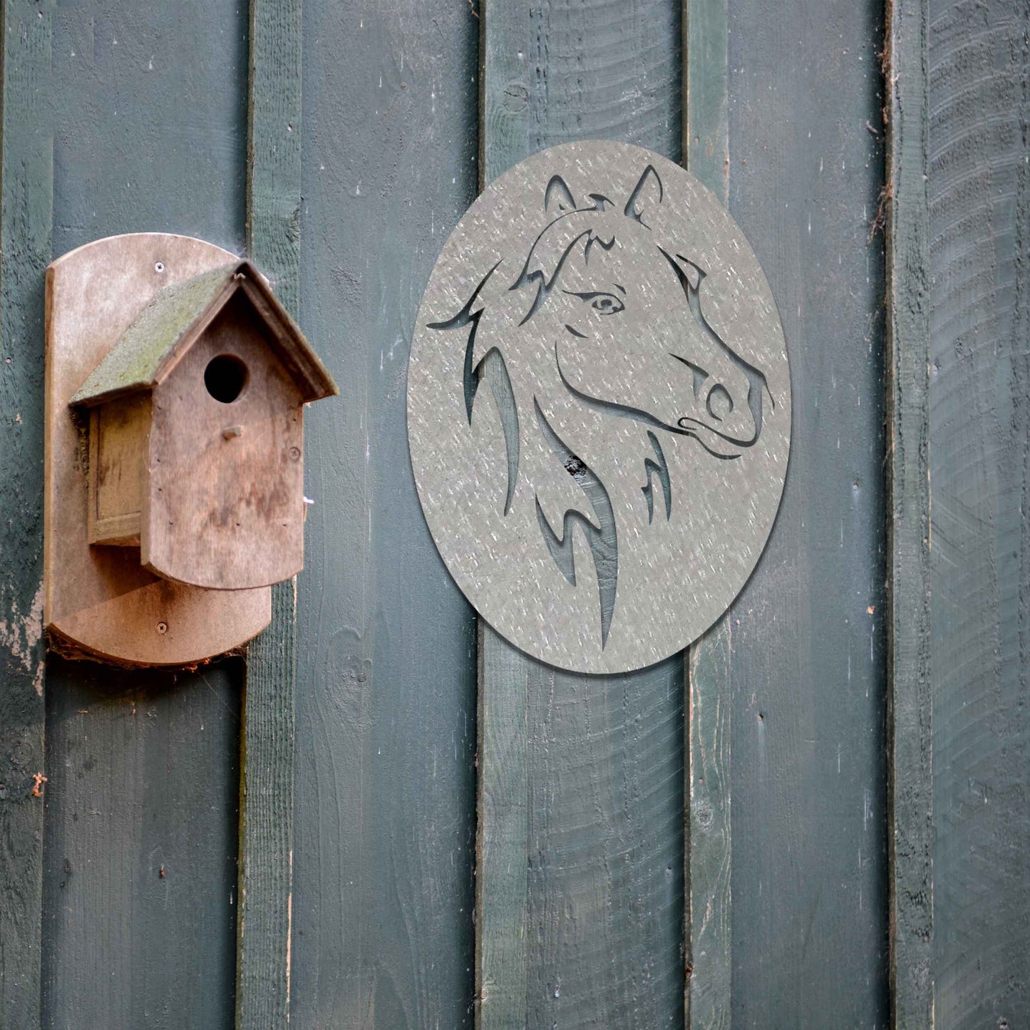 Metal wall art featuring a horse's head within an oval frame, highlighting intricate details of the mane and facial features. The design is bold and dynamic, capturing the strength and elegance of the horse in a stylized and striking manner.