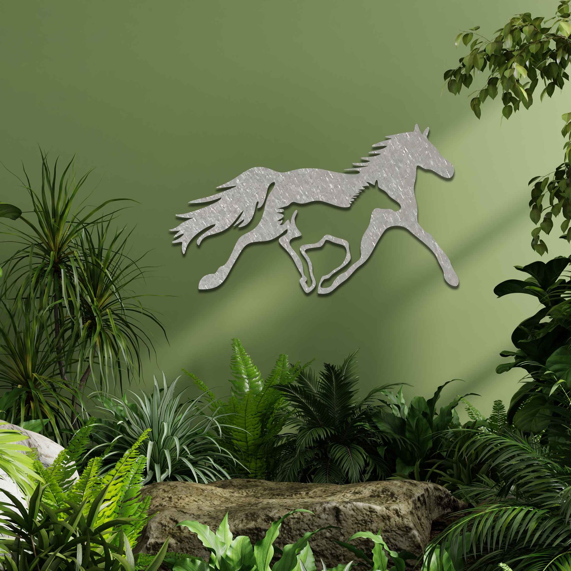Metal wall art of a running horse, captured in motion with flowing mane and tail. The horse is designed with fluid lines, giving a dynamic impression of speed and energy.