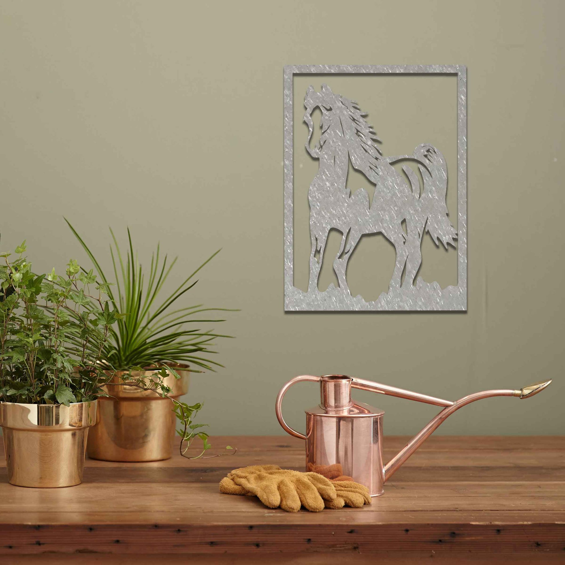 The design features a dynamic and powerful horse captured mid-motion, showcasing the fluidity of its galloping form. The artwork is framed, highlighting the horse’s graceful yet strong silhouette.