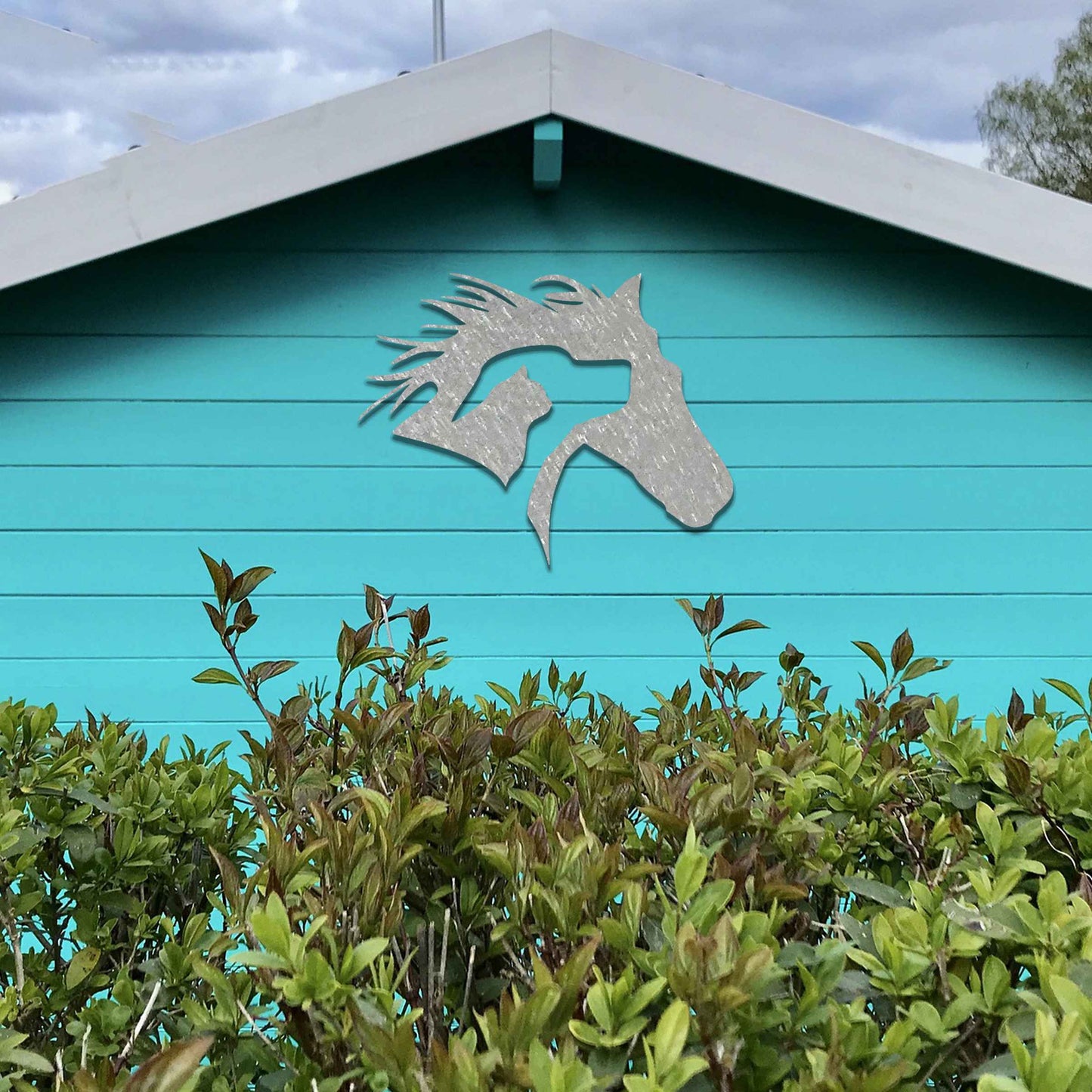 Metal wall art featuring a horse's head with a dog and cat inside, designed with intricate details and flowing lines, perfect for animal lovers.