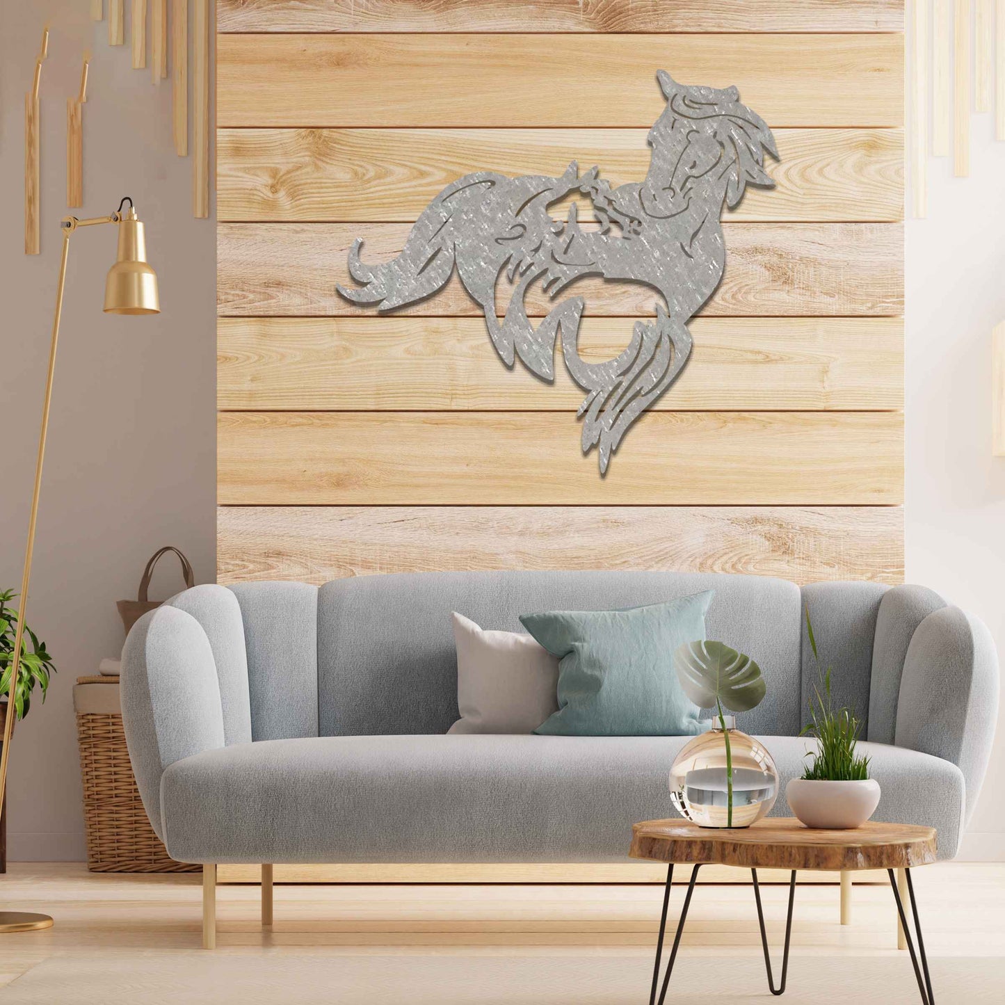 Metal wall decoration featuring a large horse with a smaller horse standing beside it, crafted with intricate cutout details and a rustic finish, adding a graceful and heartwarming touch to indoor or outdoor spaces.