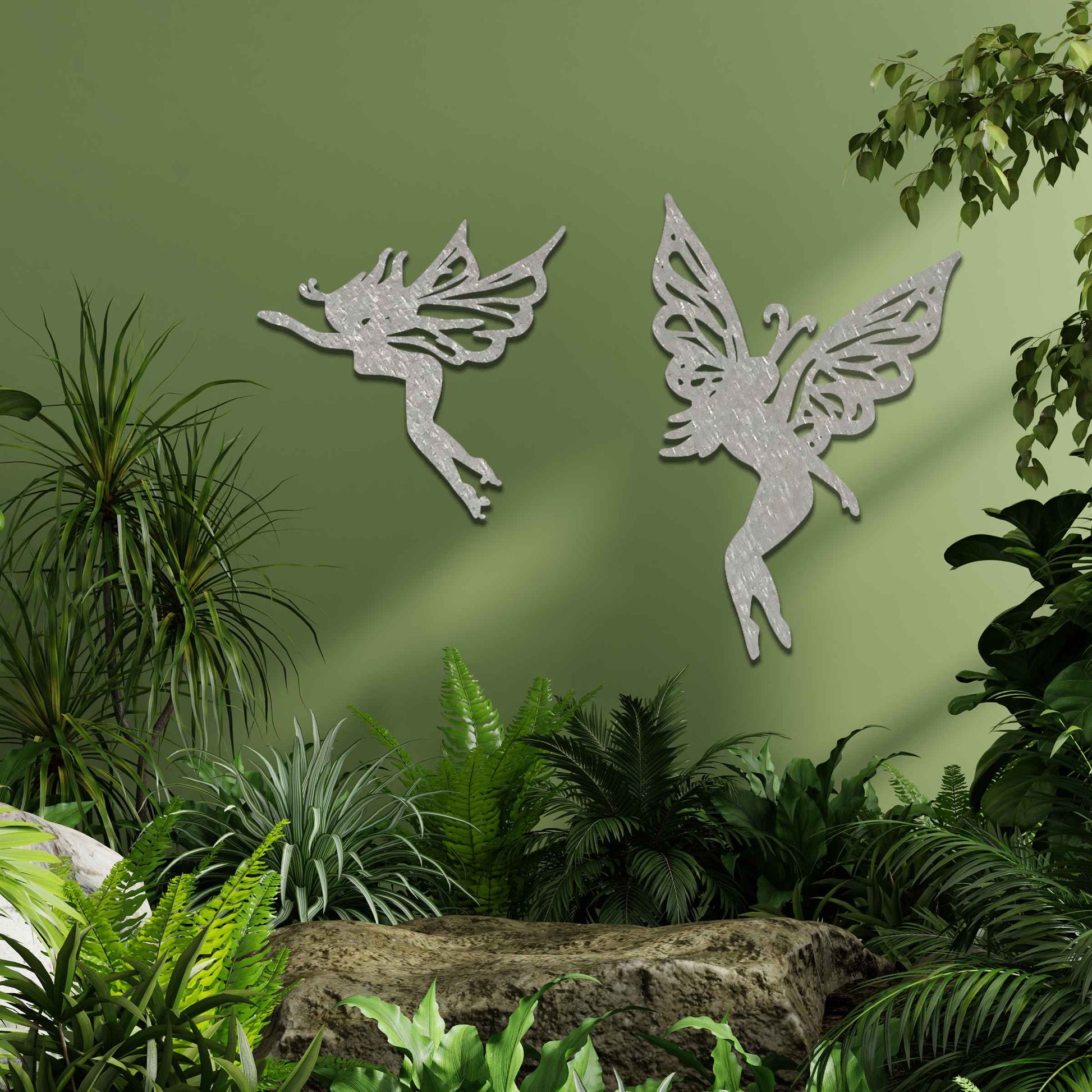 The image depicts two graceful fairies with intricate wings, suspended in mid-air. Their delicate, elegant figures evoke a sense of lightness and magic, adding a whimsical touch to any space, perfect for creating an enchanting atmosphere.