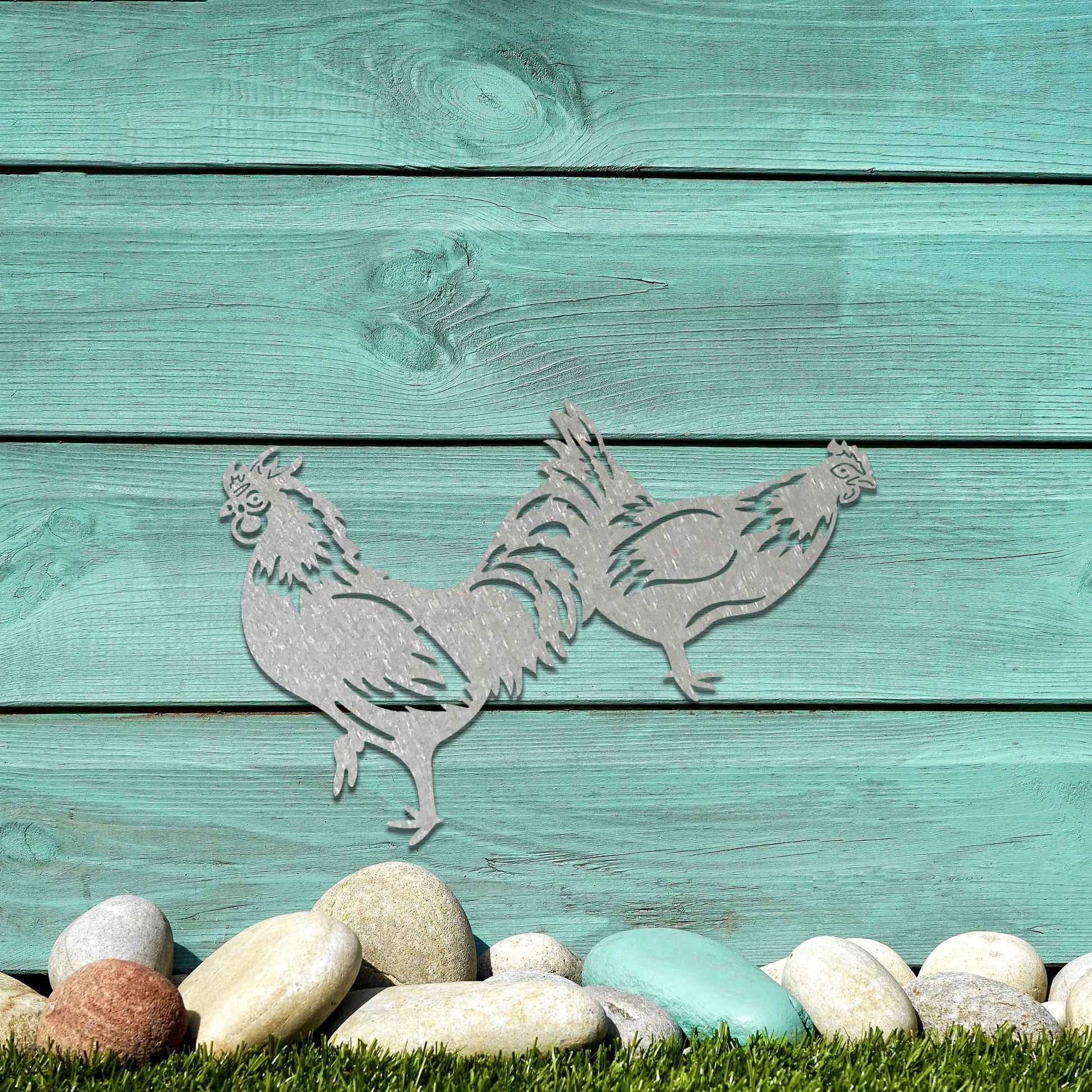 A beautifully crafted design of two roosters in motion, showcasing intricate details and bold lines. This unique piece adds a lively, rustic touch to any decor, highlighting the dynamic nature of the birds.
