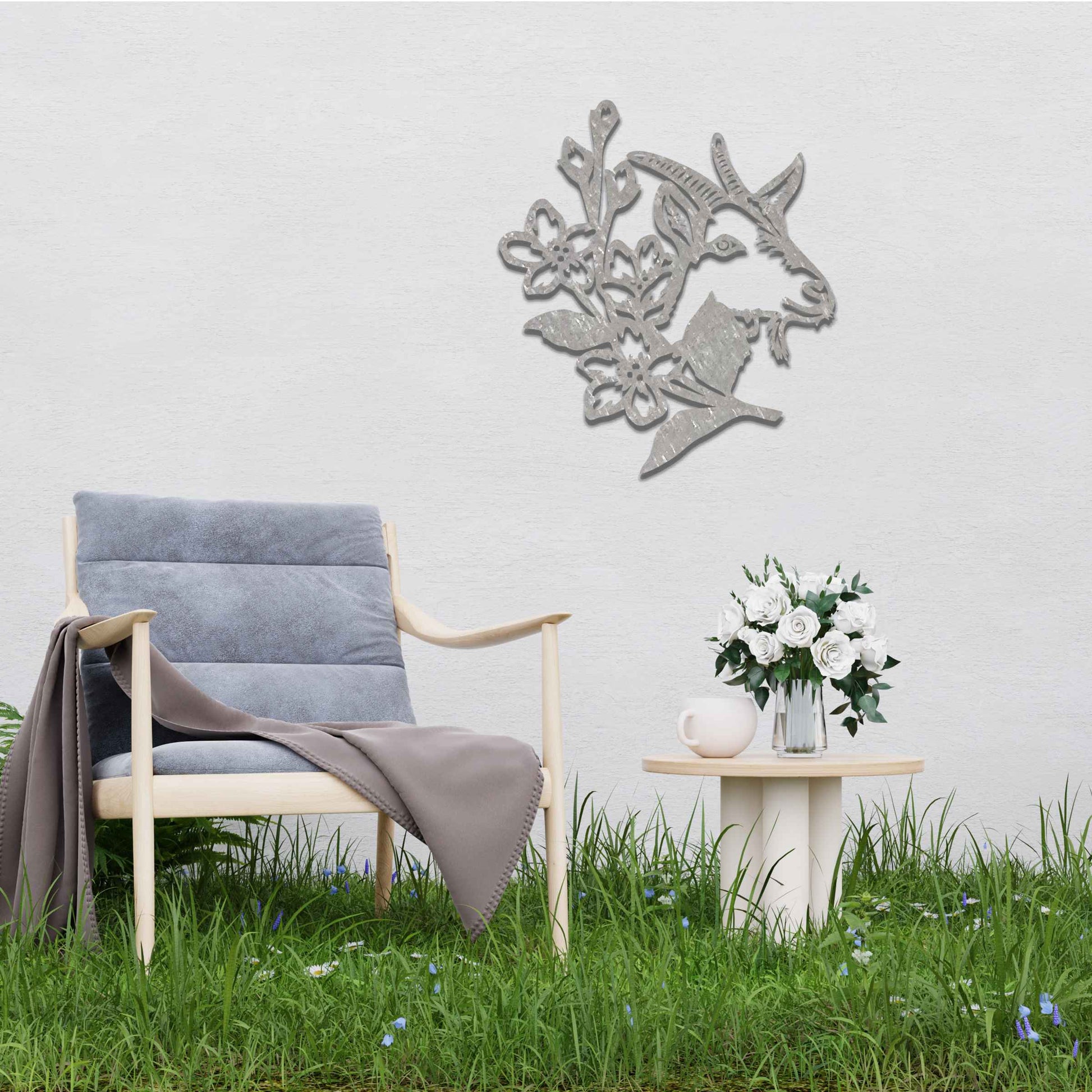Goat head silhouette with delicate floral details integrated into the design. The artwork captures the goat’s profile surrounded by blooming flowers, creating a rustic, natural aesthetic for modern wall decor.