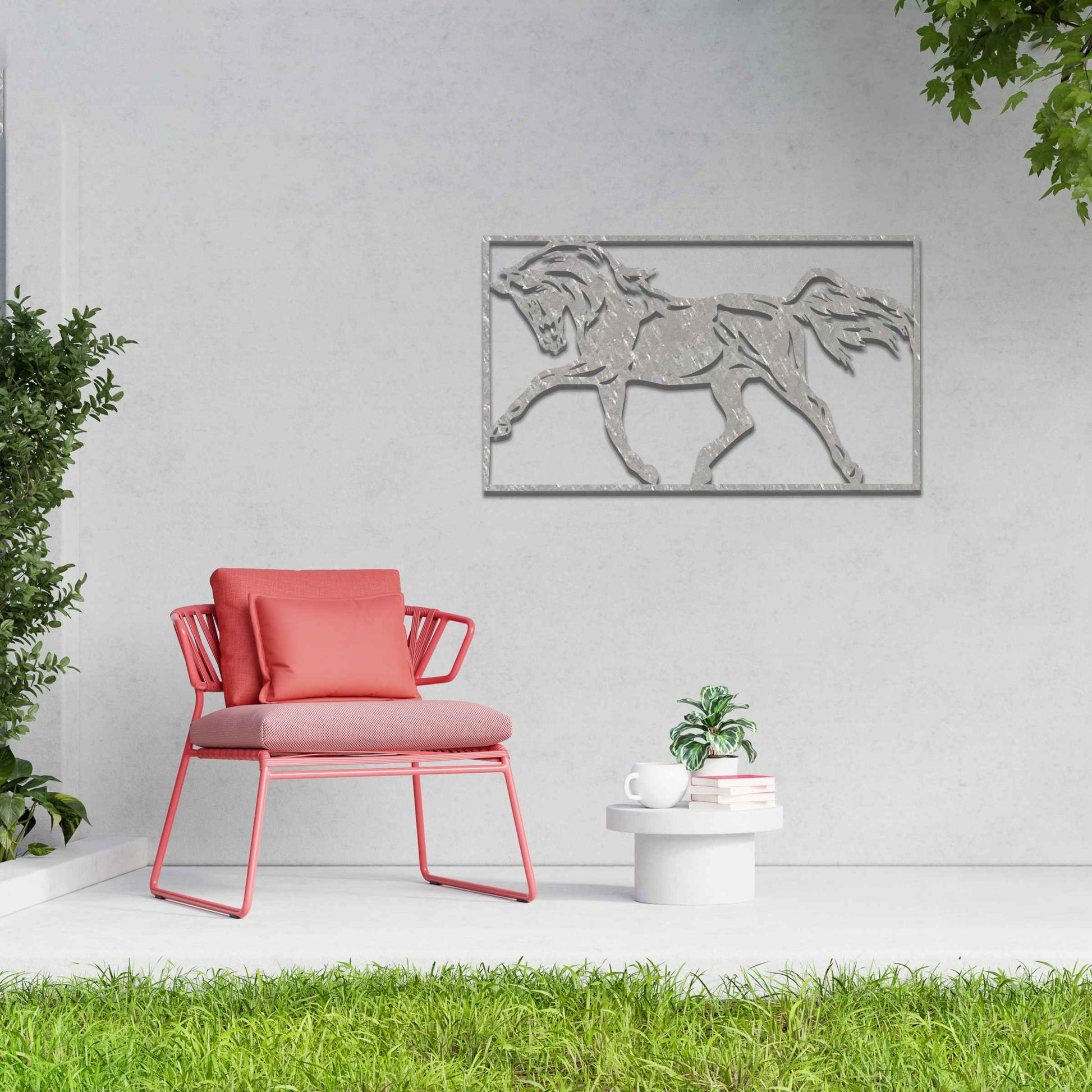 This design features a beautifully detailed representation of a horse in mid-gallop, capturing the power and grace of the animal. The flowing mane and muscles in motion highlight the dynamic nature of the horse, framed elegantly for a striking visual effect.