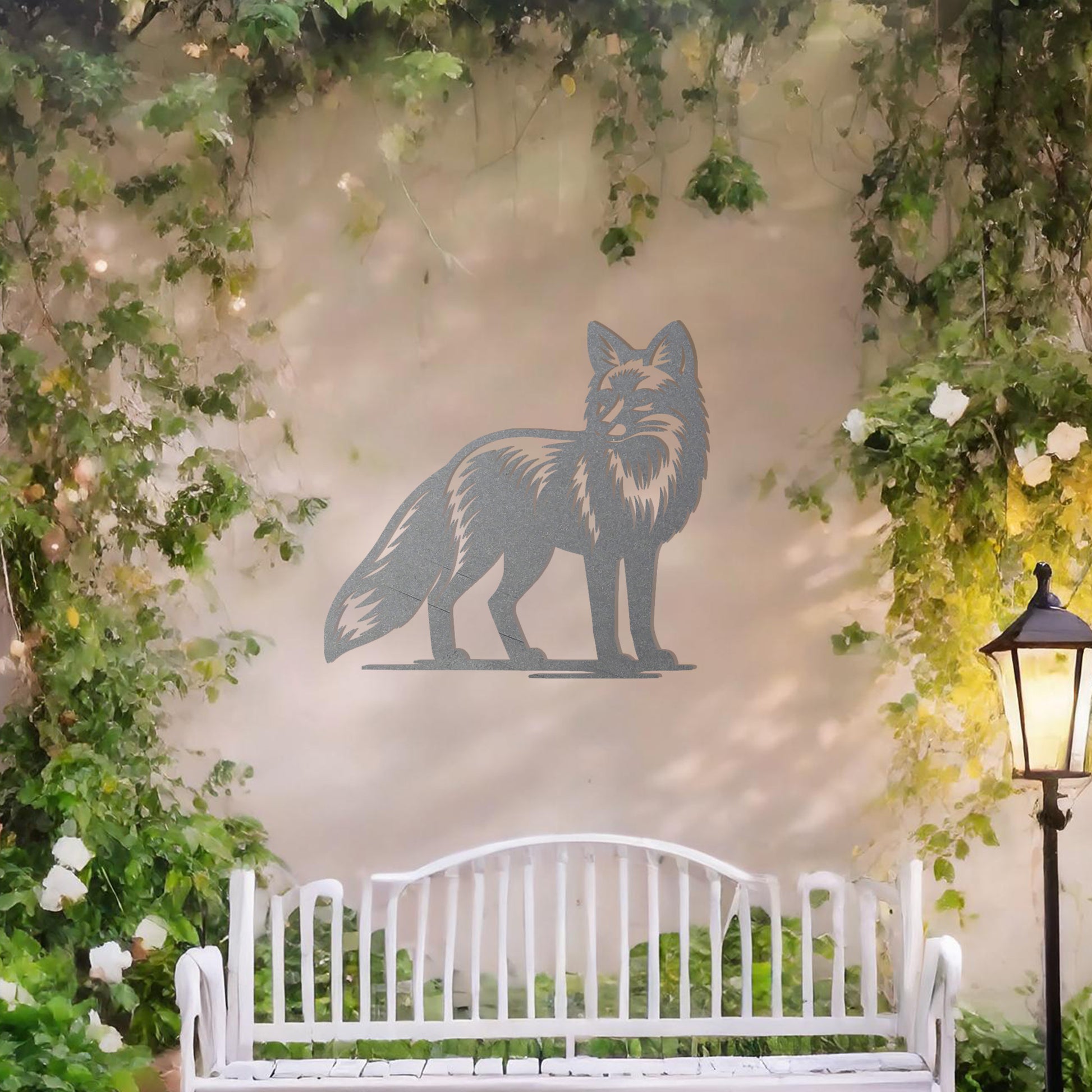 Metal wall decoration featuring a fox design with detailed fur patterns, adding a sleek and elegant touch to outdoor or indoor spaces, displayed against a neutral background to enhance its artistic appeal.