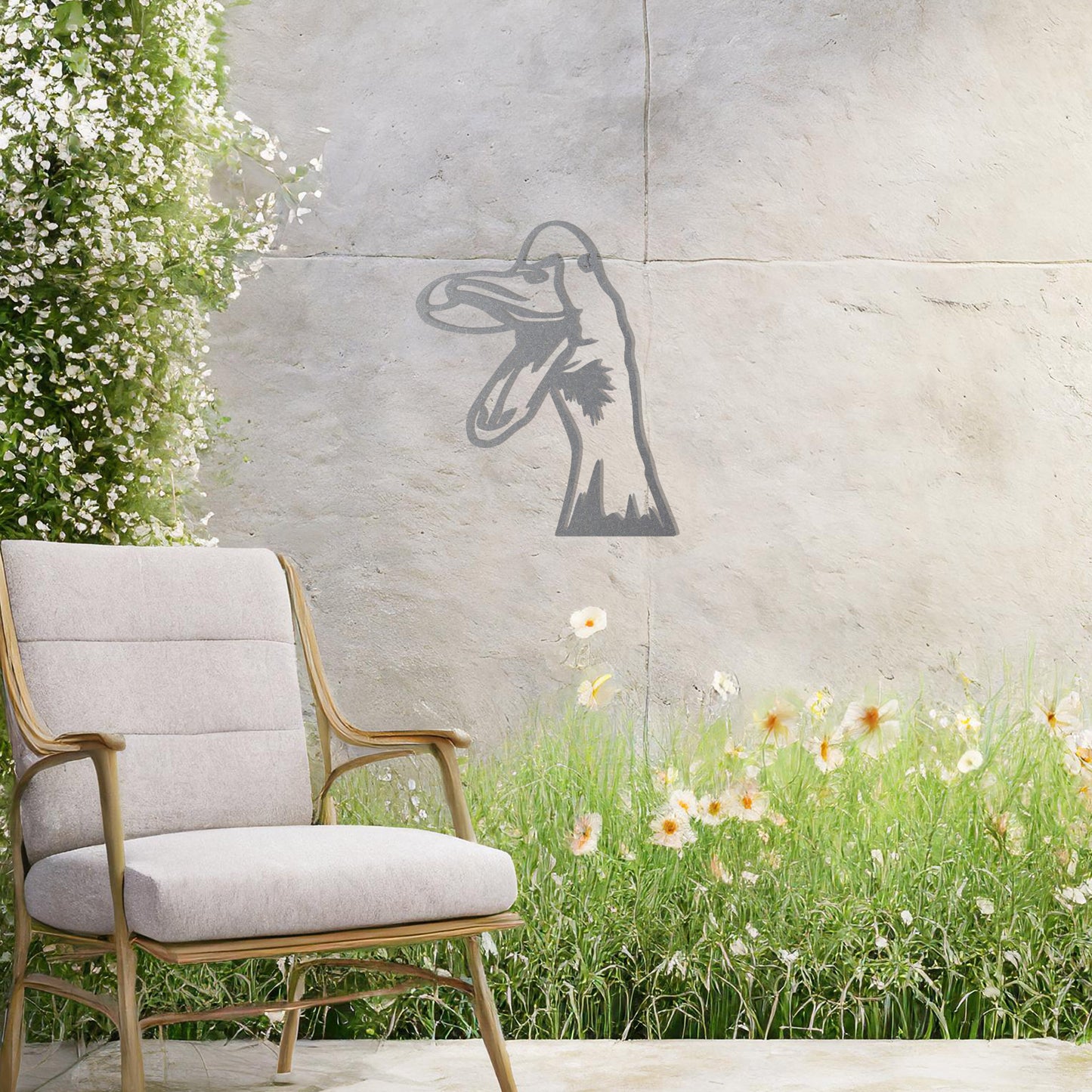 A quirky metal wall art of a duck with an open beak, showcasing playful and artistic detail. This unique design adds a touch of humor and charm to any modern setting, surrounded by greenery and soft floral accents.