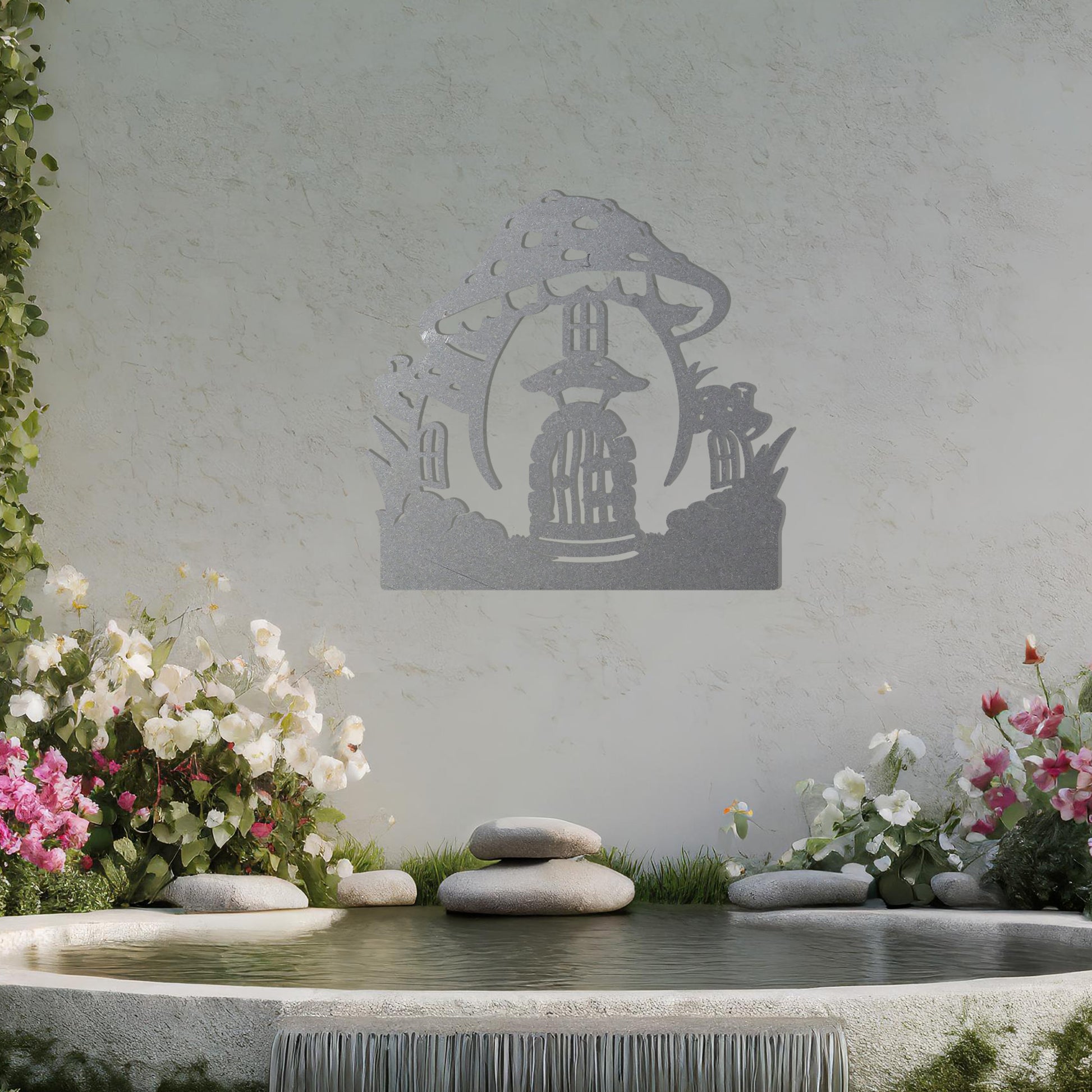 Metal garden decoration featuring a whimsical mushroom house design with intricate windows, a detailed door, and playful accents, adding a touch of fairy-tale charm and creativity to outdoor spaces.