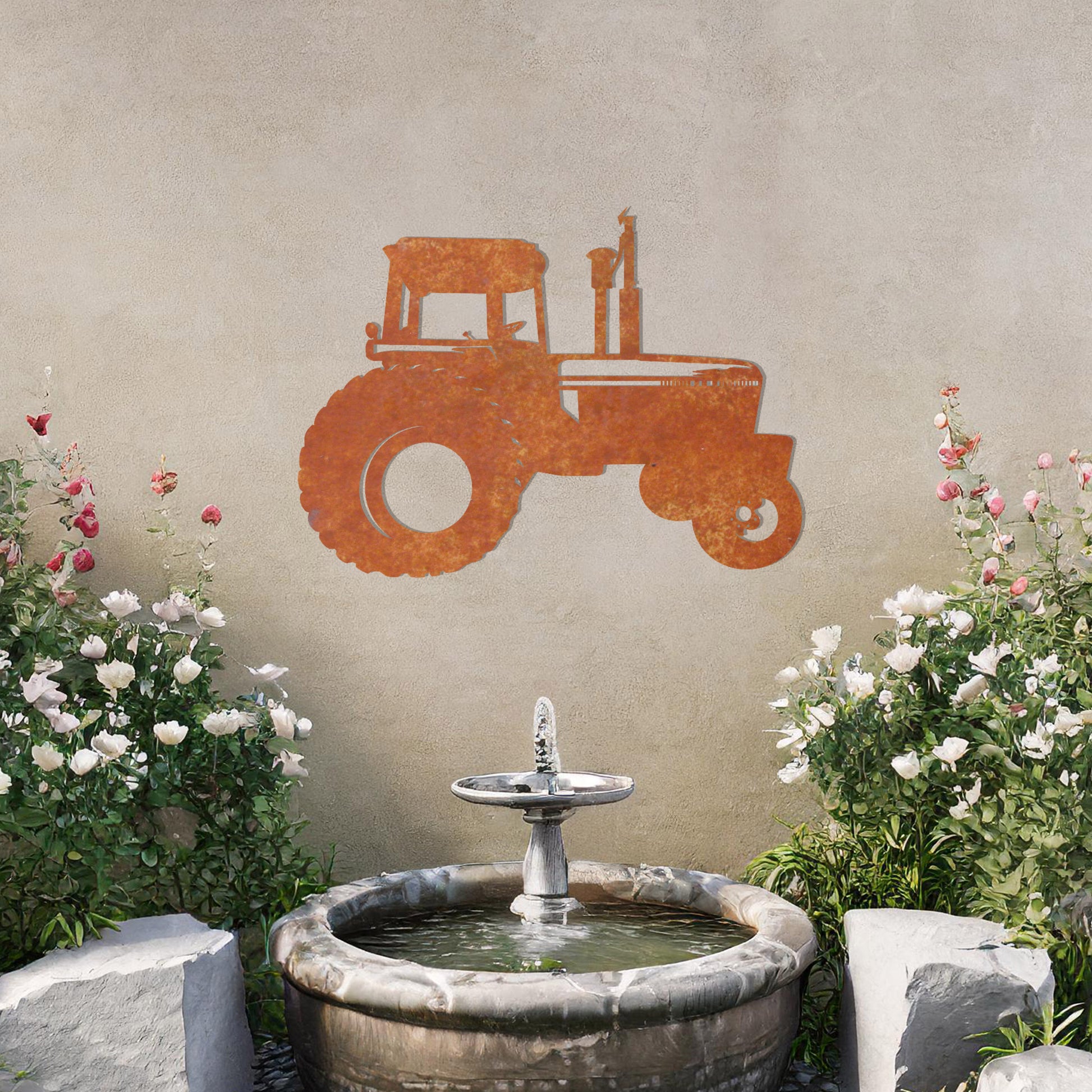 This is a silhouette-style metal wall art design featuring a classic tractor. Perfect for agriculture enthusiasts or as rustic decor for homes or gardens, it adds a touch of countryside charm to any setting.