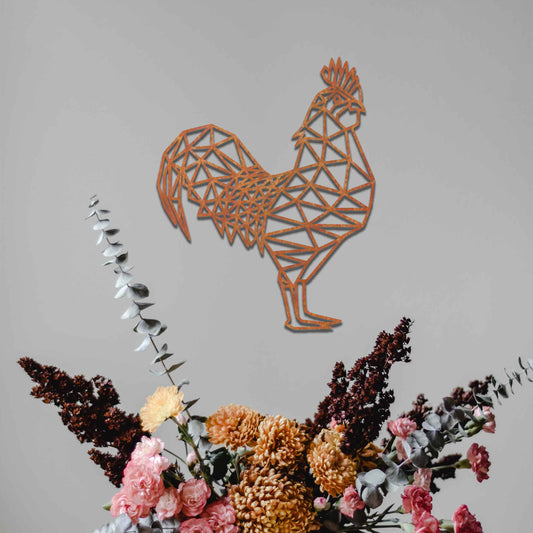 Geometric rooster wall art in a triangular design, made of metal. The rooster is intricately designed with sharp, angular lines that form its body, creating a modern and stylish piece perfect for contemporary spaces.