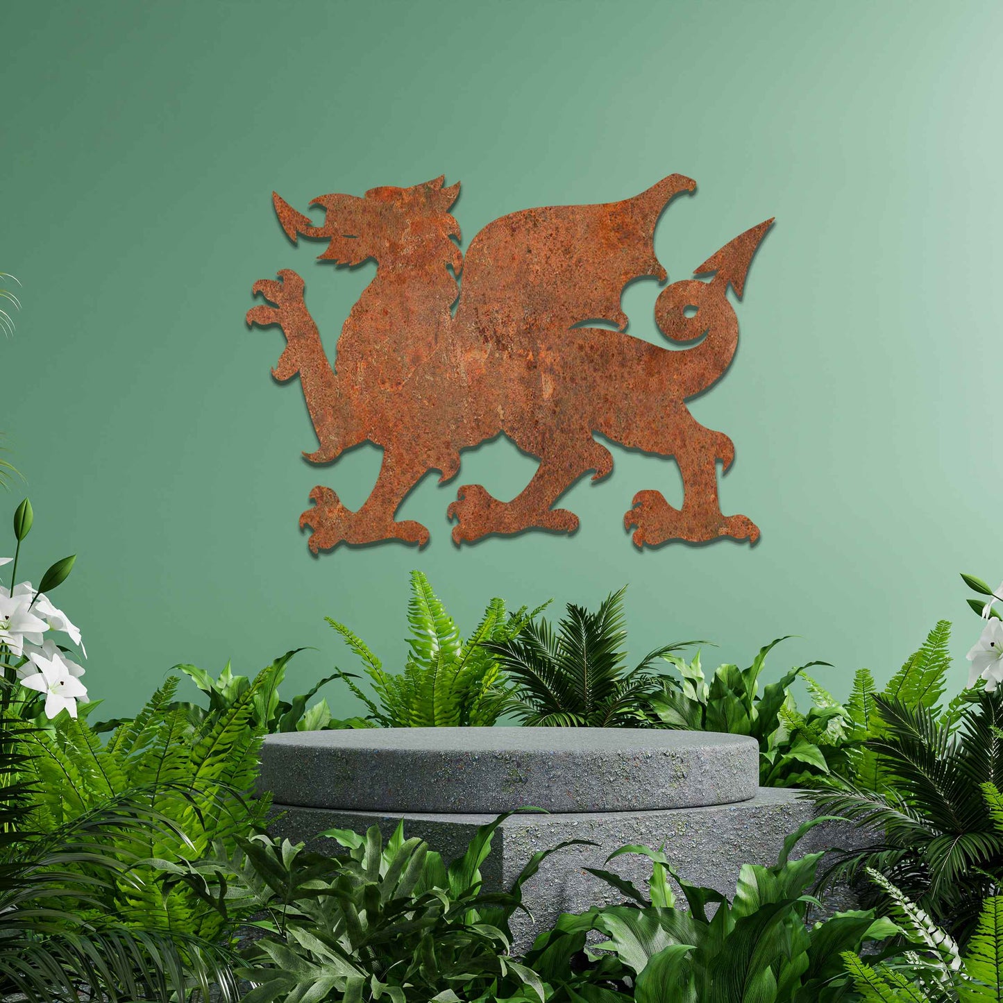 This image features the Welsh dragon, an iconic and powerful symbol of Wales. The design emphasizes the dragon’s fierce stance, with detailed wings, sharp claws, and an arched tail. Its strong profile is bold, representing strength and heritage, while the rustic, weathered finish gives the artwork a timeless, historic feel.