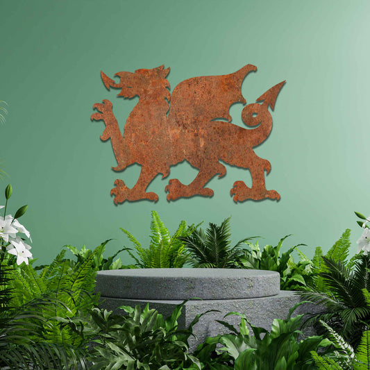This image features the Welsh dragon, an iconic and powerful symbol of Wales. The design emphasizes the dragon’s fierce stance, with detailed wings, sharp claws, and an arched tail. Its strong profile is bold, representing strength and heritage, while the rustic, weathered finish gives the artwork a timeless, historic feel.