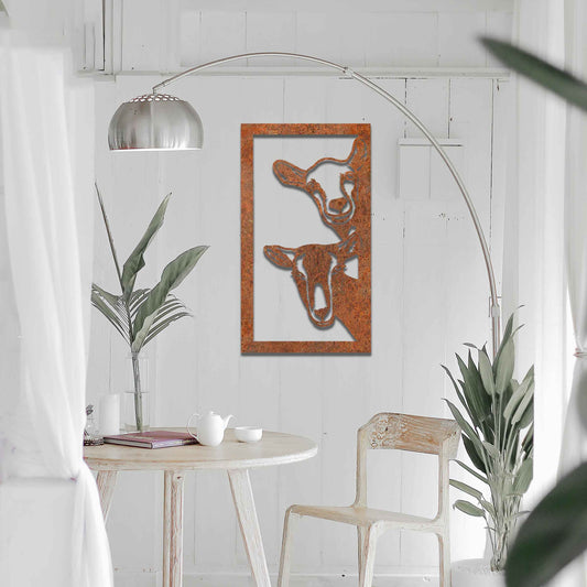 A striking design showcasing the faces of two goats, framed in a vertical panel. The detailed depiction of their expressions brings a unique charm to this modern, rustic wall art piece.