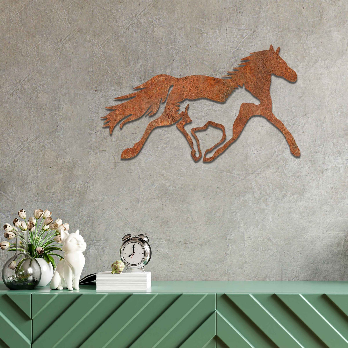 Metal wall art of a running horse, captured in motion with flowing mane and tail. The horse is designed with fluid lines, giving a dynamic impression of speed and energy.