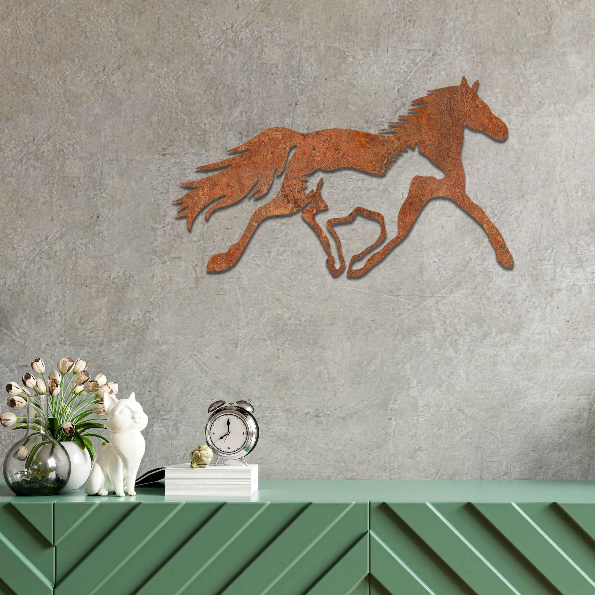 Metal wall art of a running horse, captured in motion with flowing mane and tail. The horse is designed with fluid lines, giving a dynamic impression of speed and energy.
