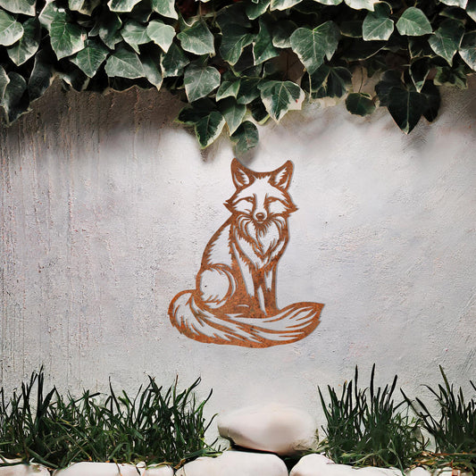 This metal wall art design features a sitting fox with a bushy tail, embodying a calm and majestic presence. The intricate detailing highlights the fox's fur and facial expression, making it a perfect addition to your decor for a natural and elegant touch.