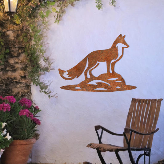 This design features a fox standing on a rocky surface, exuding a sense of vigilance and strength. The sleek and artistic cut highlights the fox's majestic posture, making it an eye-catching addition to any wall decor.