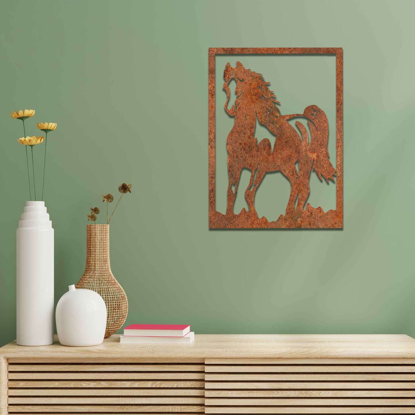 The design features a dynamic and powerful horse captured mid-motion, showcasing the fluidity of its galloping form. The artwork is framed, highlighting the horse’s graceful yet strong silhouette.