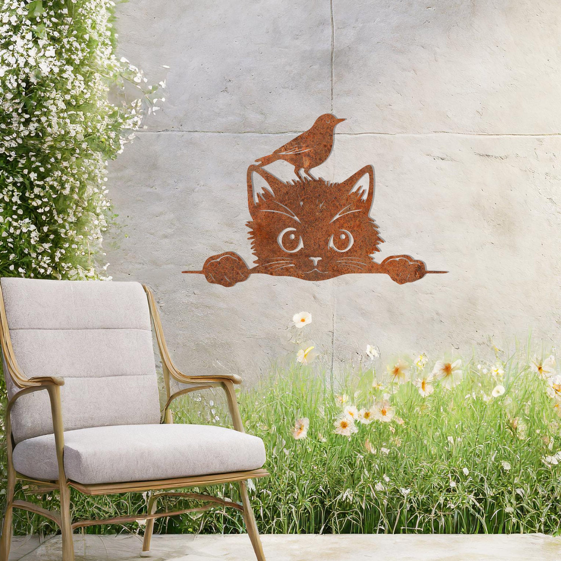 This is a charming and playful metal wall art design featuring a curious cat peeking over a fence, with a bird sitting atop its head. It brings a whimsical and fun element to any space, perfect for animal lovers and nature-themed decor.