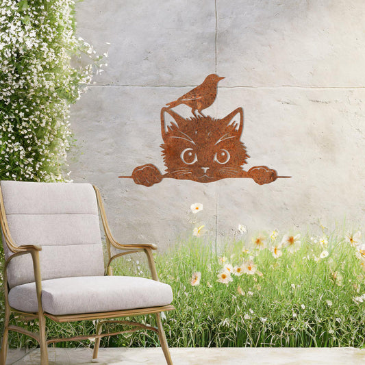 This is a charming and playful metal wall art design featuring a curious cat peeking over a fence, with a bird sitting atop its head. It brings a whimsical and fun element to any space, perfect for animal lovers and nature-themed decor.