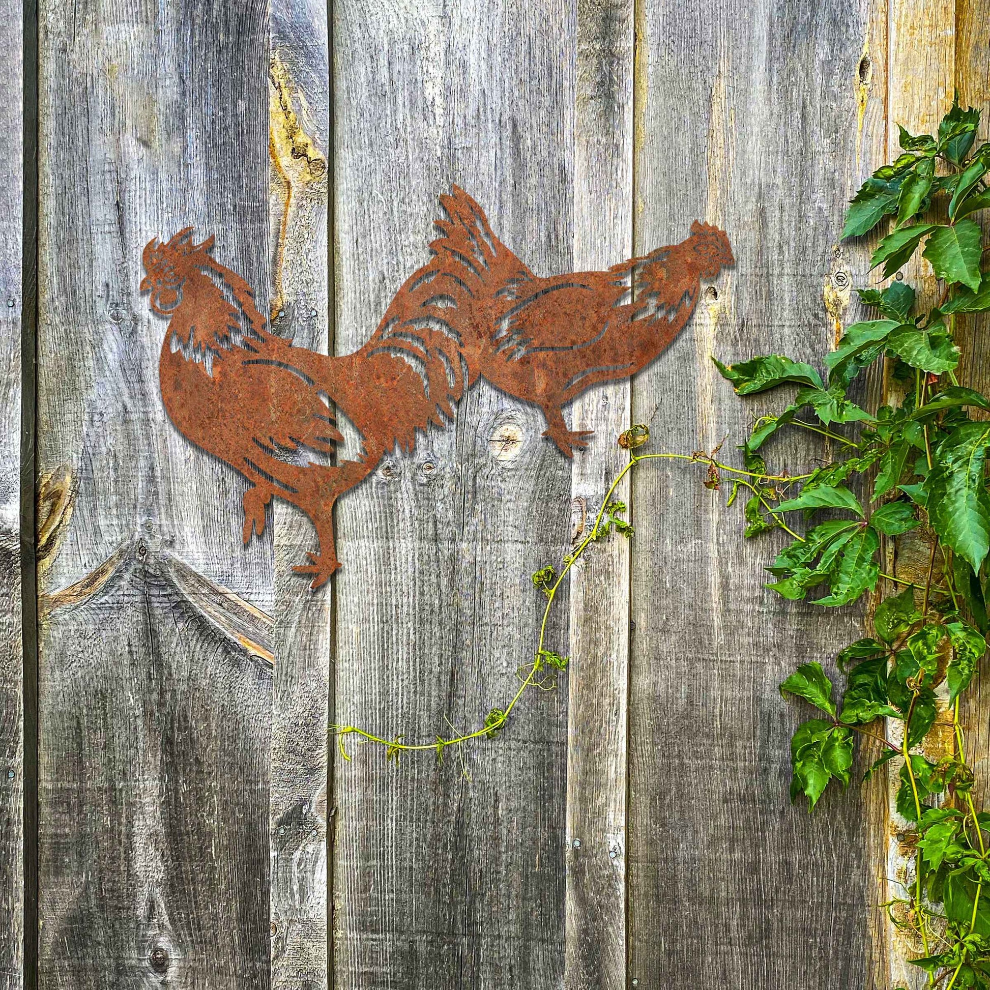 A beautifully crafted design of two roosters in motion, showcasing intricate details and bold lines. This unique piece adds a lively, rustic touch to any decor, highlighting the dynamic nature of the birds.