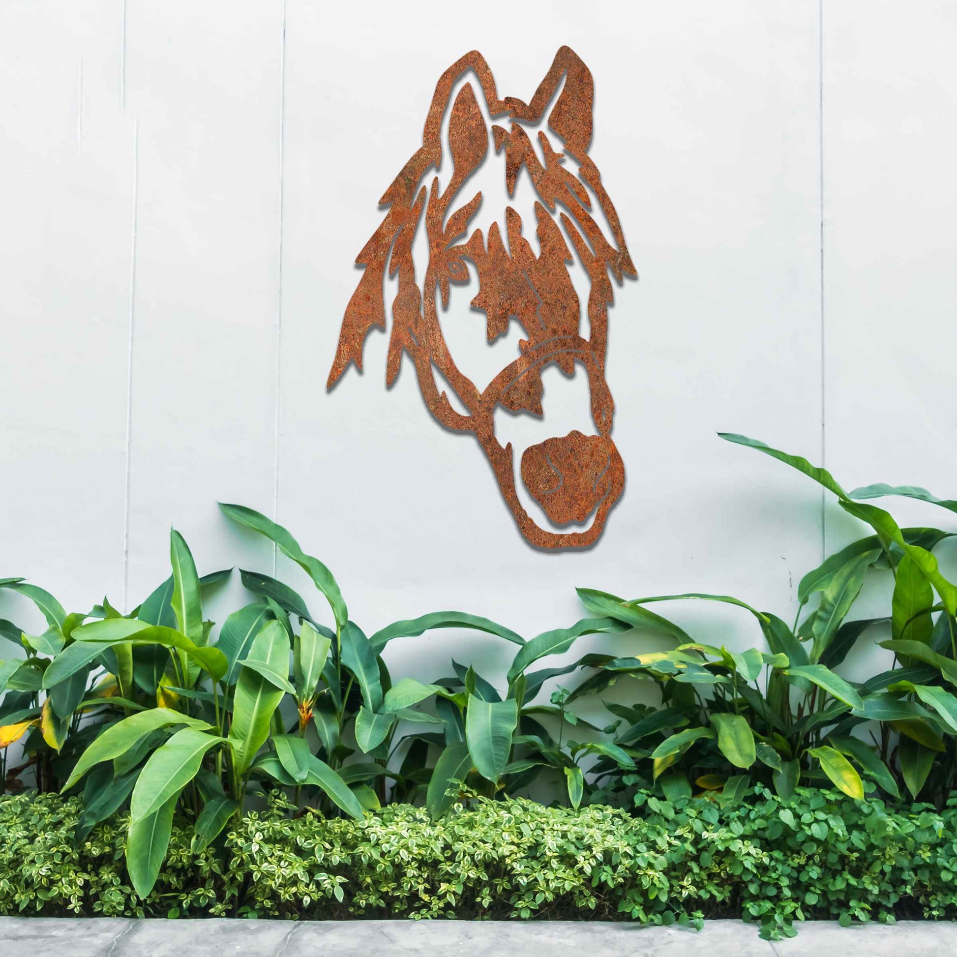 A detailed design of a horse's head, with a focus on the face and mane, highlighting its distinctive features and expression.
