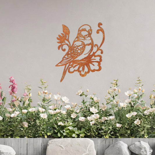 This image features a beautifully designed parrot perched on a floral motif. The bird's detailed feathers and the intricate floral elements create a graceful, organic feel. This would make an elegant and peaceful addition to any space.