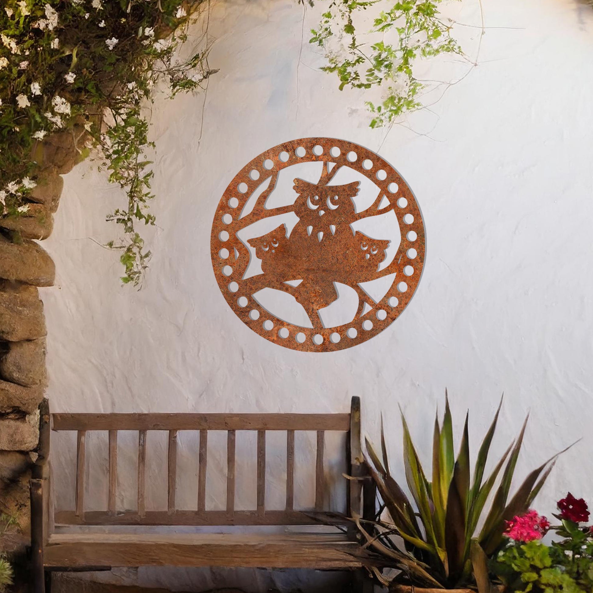 This design portrays a charming family of owls perched within a circular frame. The intricate details and playful expressions add a whimsical touch, making it an ideal piece for nature lovers or those seeking a quirky and unique wall decoration.