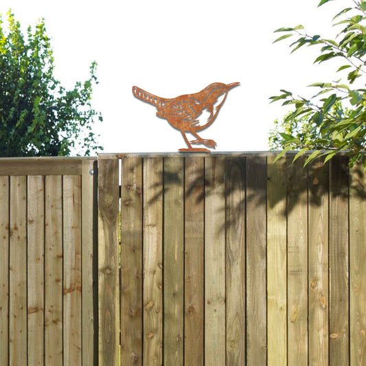 Metal garden decoration featuring a wren silhouette with intricate cutout details and a rustic finish, designed to sit atop fences or posts, adding a delicate and natural charm to outdoor spaces.