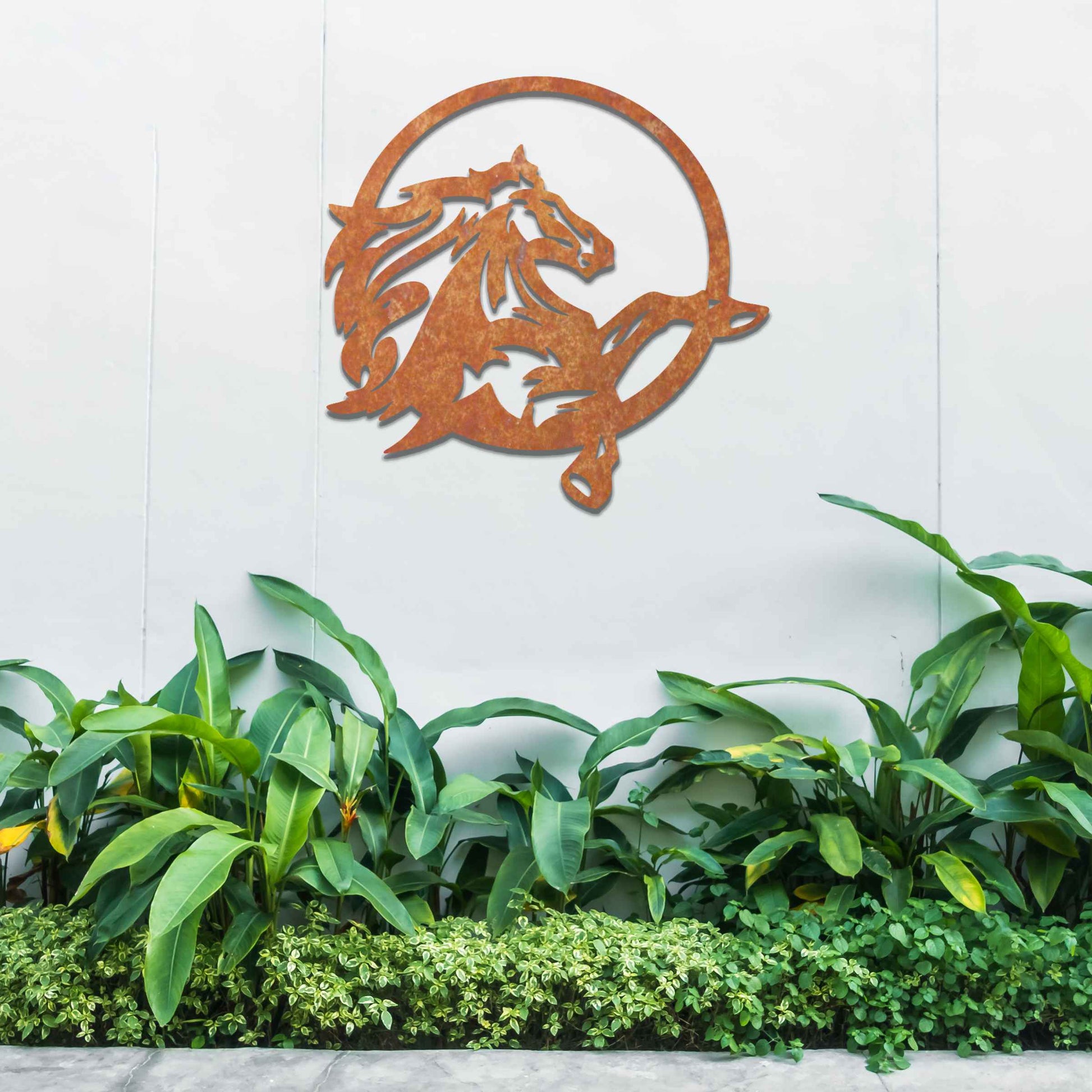 The artwork showcases a dynamic horse in motion, framed within a circular design. The flowing mane and powerful stance capture the spirit of freedom and strength as the horse leaps gracefully.