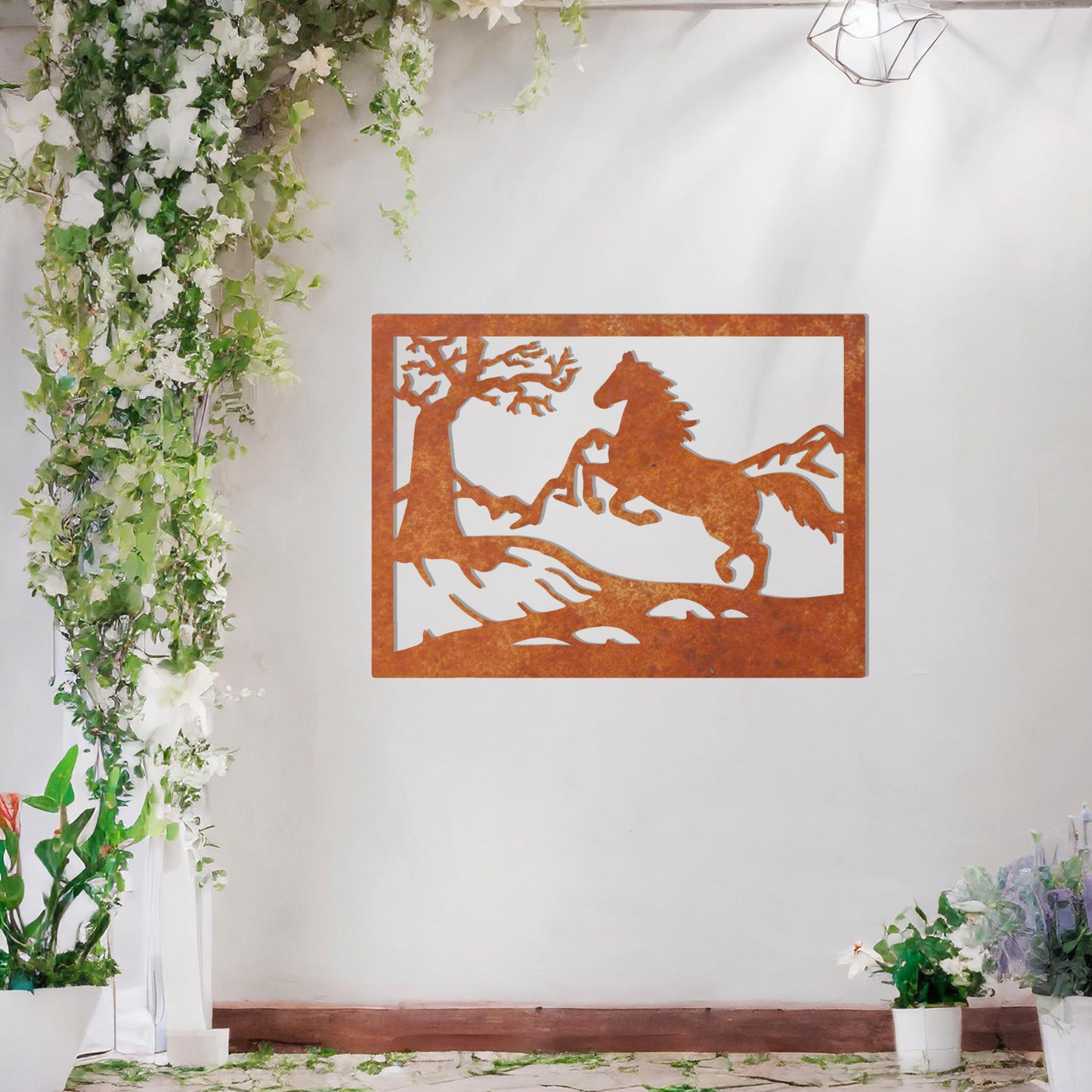 This wall art design depicts a majestic horse rearing up on a hillside, surrounded by a tree and mountain scenery, all encapsulated within a rectangular frame. A perfect addition for nature lovers and equestrian enthusiasts.