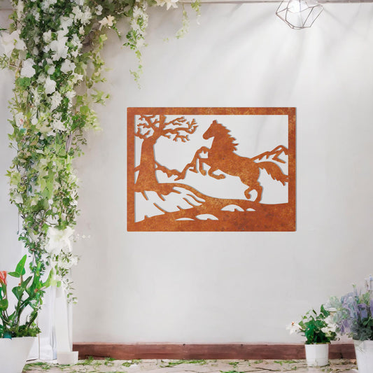 This wall art design depicts a majestic horse rearing up on a hillside, surrounded by a tree and mountain scenery, all encapsulated within a rectangular frame. A perfect addition for nature lovers and equestrian enthusiasts.
