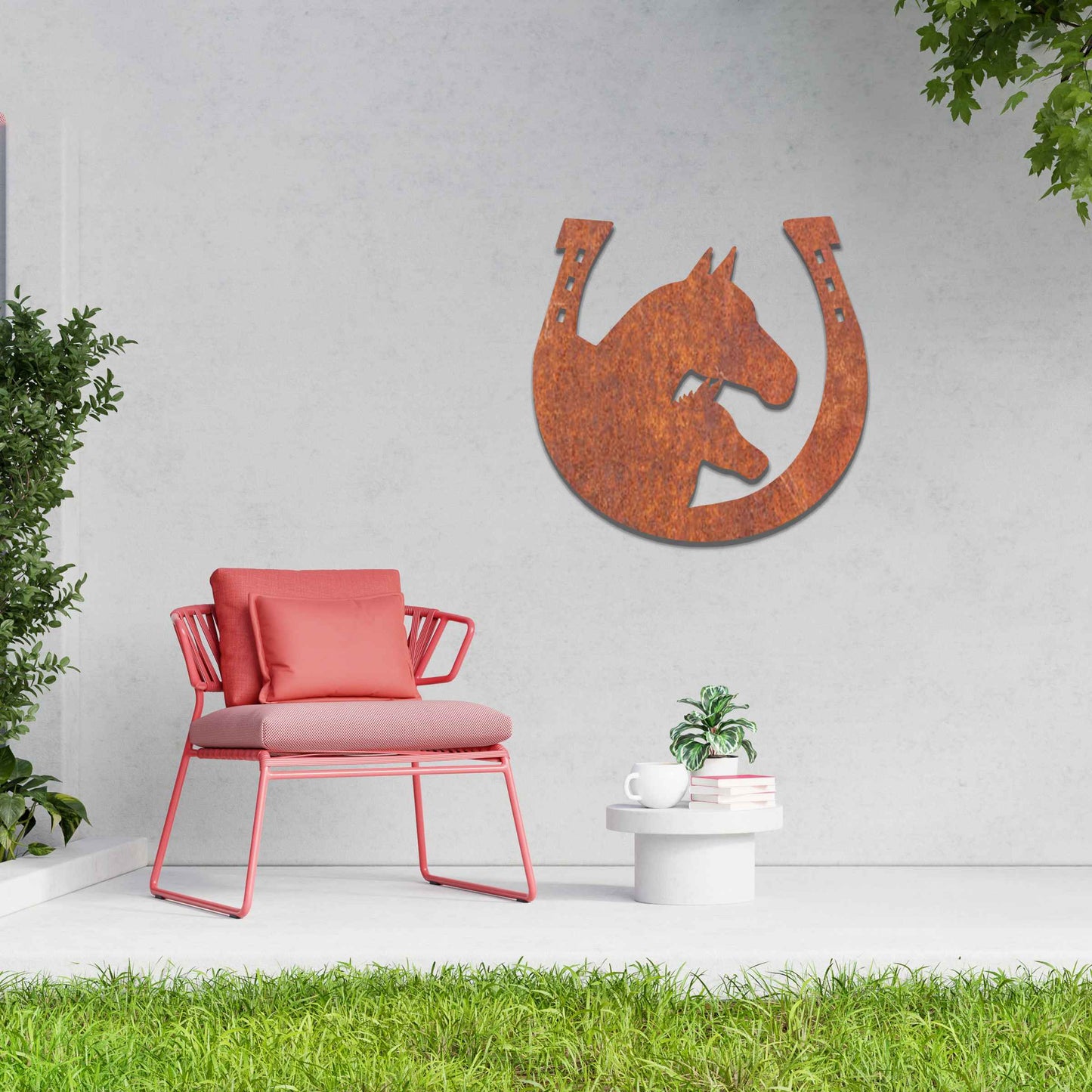 Metal garden decoration featuring a horse silhouette enclosed within a horseshoe design, crafted with a rustic finish, adding a touch of equestrian charm and character to outdoor walls or garden spaces