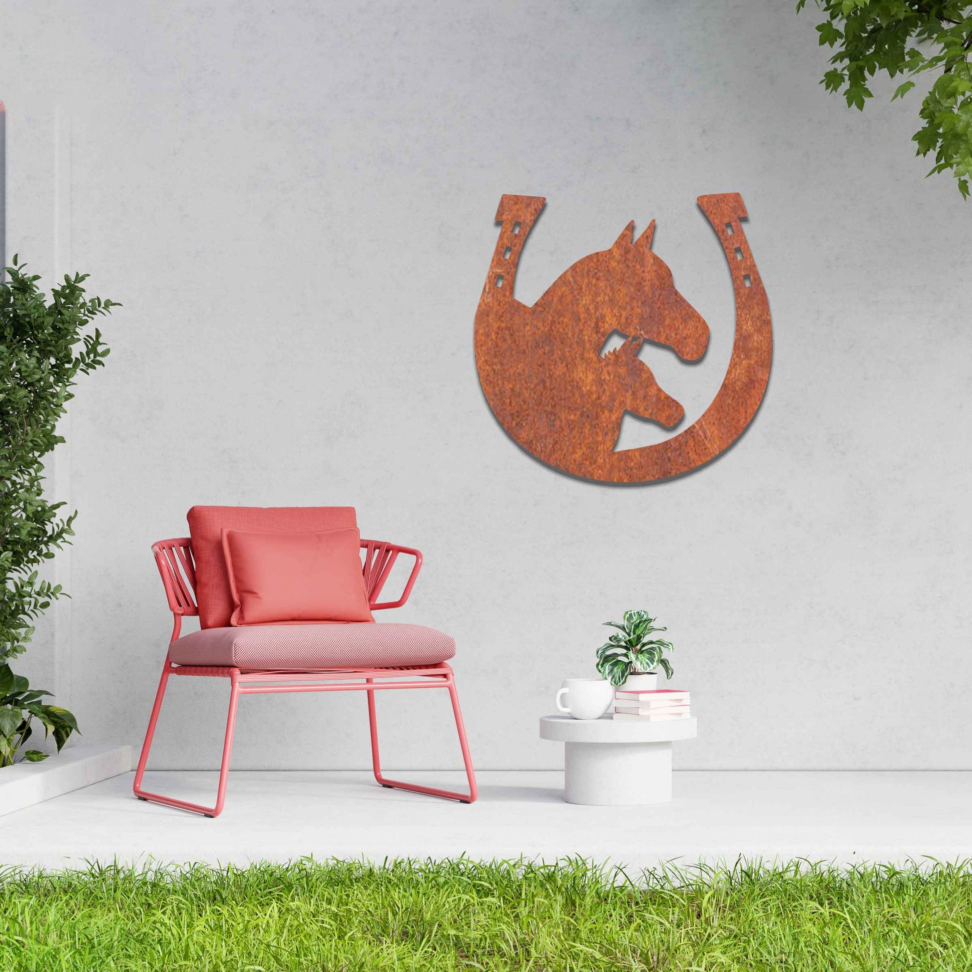 Metal garden decoration featuring a horse silhouette enclosed within a horseshoe design, crafted with a rustic finish, adding a touch of equestrian charm and character to outdoor walls or garden spaces