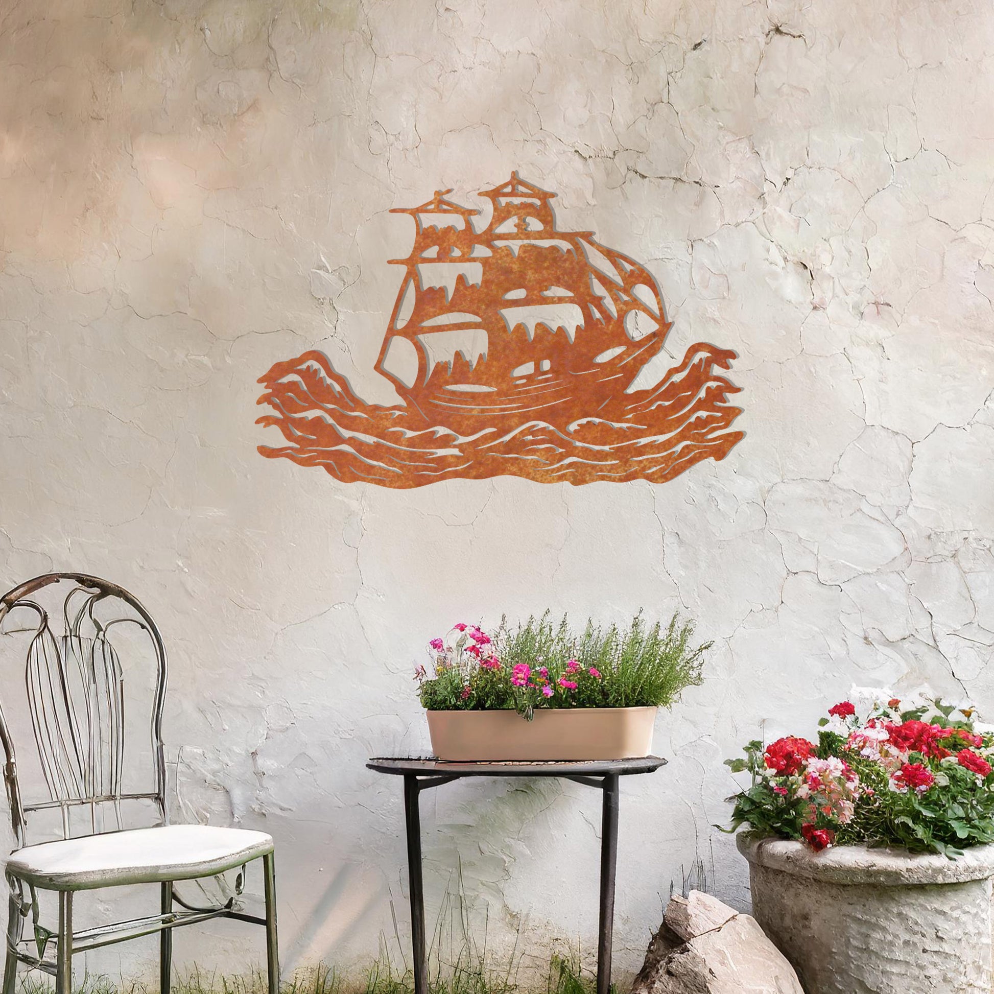 This design features an elegant silhouette of a sailing ship braving dynamic ocean waves, capturing a sense of adventure and exploration. The intricate details of the ship's sails and rigging make it a striking and timeless piece of decor.