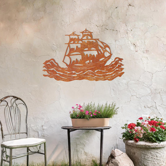 This design features an elegant silhouette of a sailing ship braving dynamic ocean waves, capturing a sense of adventure and exploration. The intricate details of the ship's sails and rigging make it a striking and timeless piece of decor.