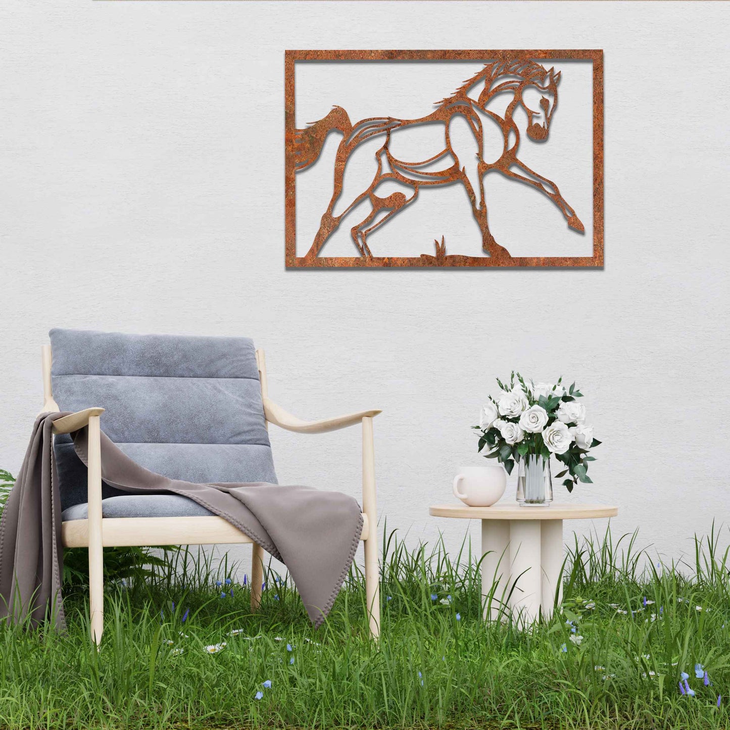 Metal wall art featuring an elegant horse in motion, outlined with bold lines and set within a rectangular frame. The artwork captures the graceful movement of the horse in a minimalistic style.