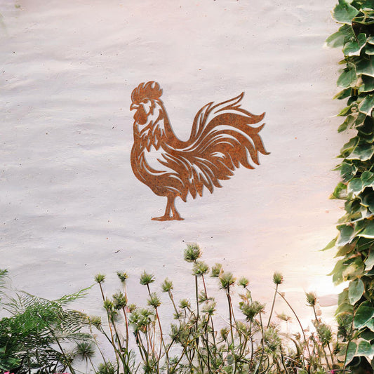 This design showcases a proud rooster standing tall with intricate feather details, capturing the essence of rural charm and elegance. Its bold silhouette and artistic lines make it a striking decor piece for farmhouse or countryside-themed spaces.