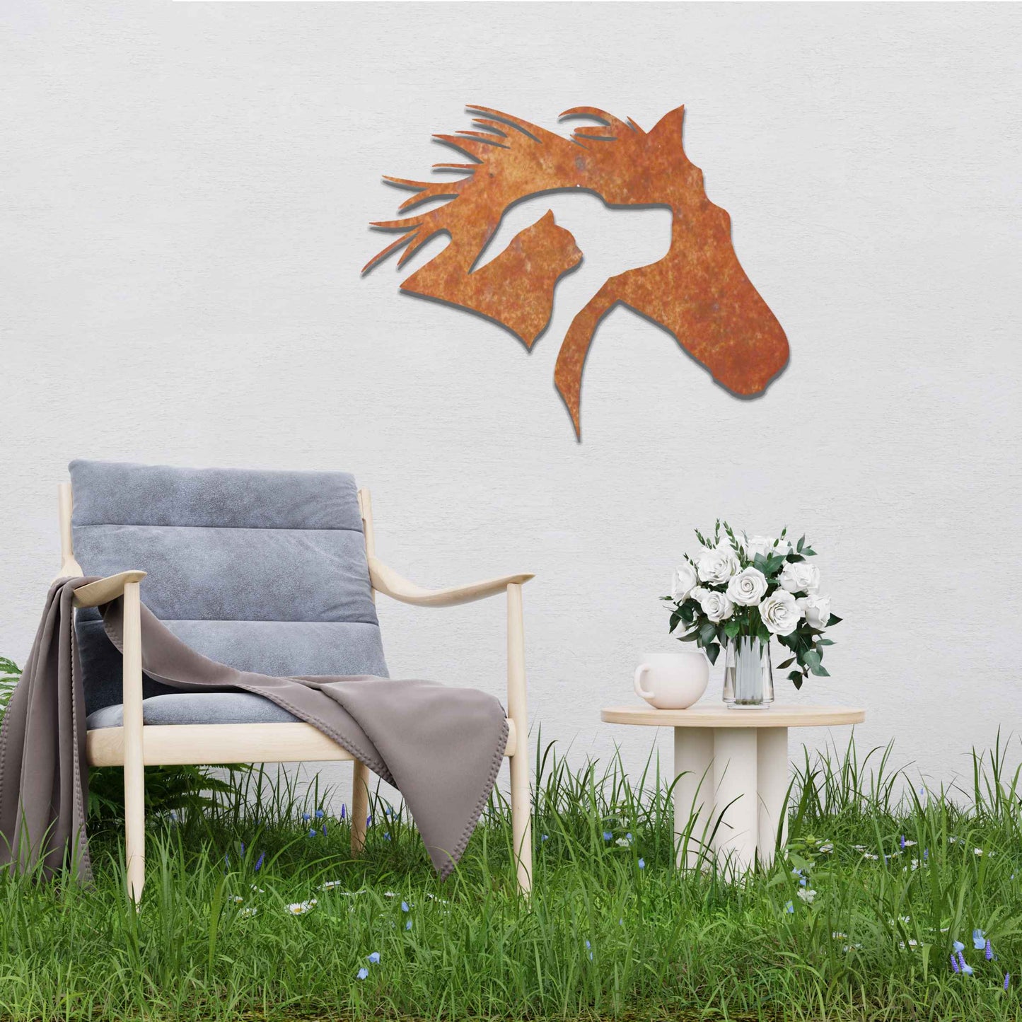 Metal wall art featuring a horse's head with a dog and cat inside, designed with intricate details and flowing lines, perfect for animal lovers.