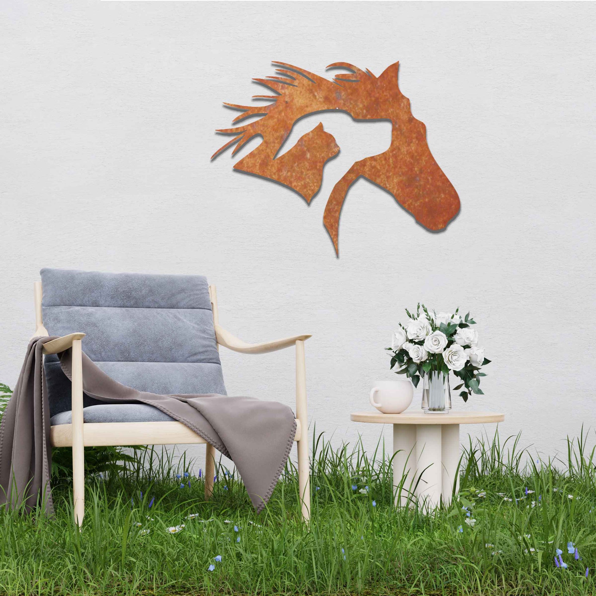 Metal wall art featuring a horse's head with a dog and cat inside, designed with intricate details and flowing lines, perfect for animal lovers.