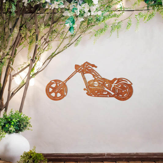 This design features a sleek and detailed silhouette of a chopper motorcycle, highlighting its distinct long handlebars and low frame. A bold and stylish piece of wall art, perfect for motorbike enthusiasts or adding a rugged vibe to any space.
