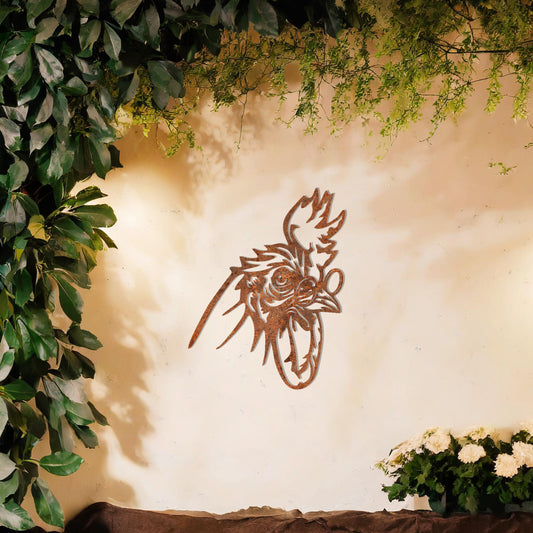 This design showcases a dynamic and expressive smart rooster head silhouette, exuding energy and character with its bold lines and intricate detailing. A striking piece of wall art perfect for adding a touch of rustic charm.