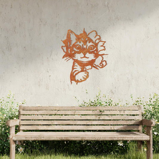 This image showcases a charming metal wall art design of a kitten peeking out from a tear in the wall. The cat's playful and curious expression adds a sense of warmth and whimsy, making it a delightful addition to any space, especially for animal lovers.