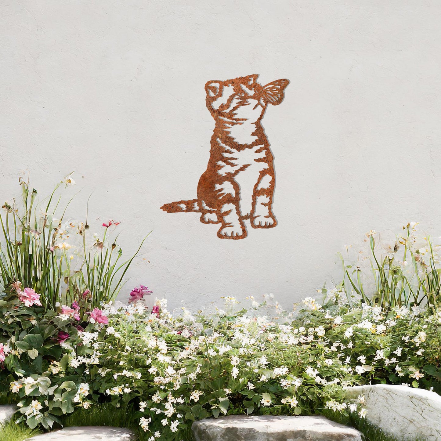 This image shows a playful and endearing design of a kitten interacting with a butterfly. The cat, in a curious and playful pose, captures the essence of feline innocence and charm. It’s a delightful piece of wall art that would add a whimsical touch to any space.