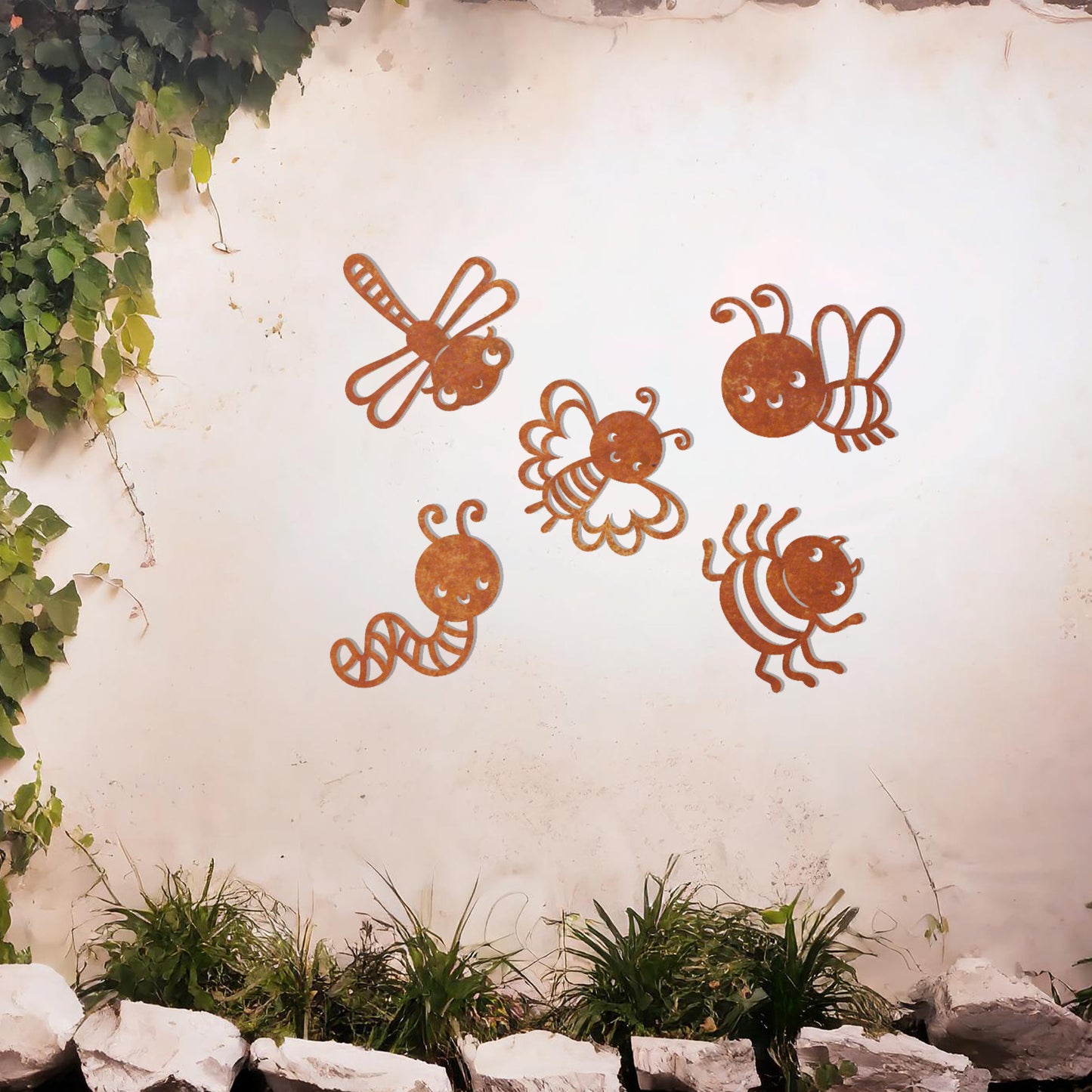 This delightful design set features a collection of cute insects, including a dragonfly, butterfly, bee, caterpillar, and spider, each crafted with whimsical details and playful expressions. Perfect for adding a cheerful, nature-inspired touch to any space.