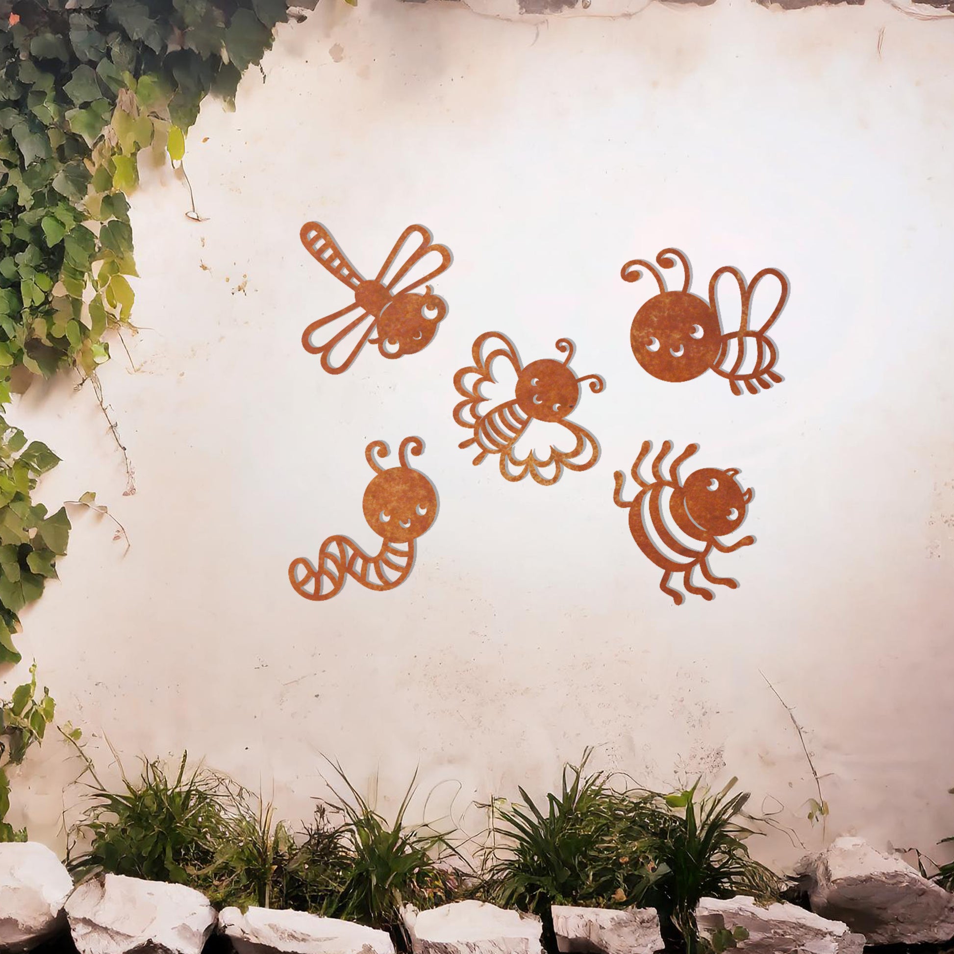 This delightful design set features a collection of cute insects, including a dragonfly, butterfly, bee, caterpillar, and spider, each crafted with whimsical details and playful expressions. Perfect for adding a cheerful, nature-inspired touch to any space.