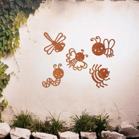 This delightful design set features a collection of cute insects, including a dragonfly, butterfly, bee, caterpillar, and spider, each crafted with whimsical details and playful expressions. Perfect for adding a cheerful, nature-inspired touch to any space.