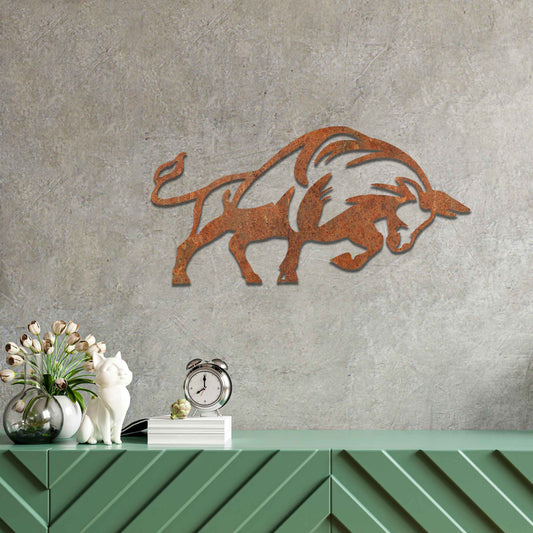 The design presents a powerful bull in motion, with strong, clean lines and a dynamic posture. The bull’s form is bold, enhanced with stylized elements that emphasize its strength. The natural rust finish adds a rugged and textured quality to the piece, accentuating its raw energy.